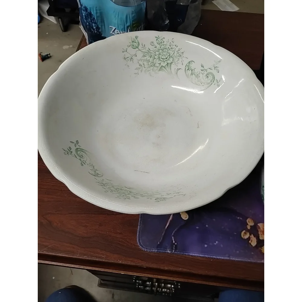 Crescent China George Jones & Sons Antique Pitcher Wash Basin Flowers Green